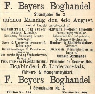 F. Beyers Boghandel aabnes Mandag den 4de August
